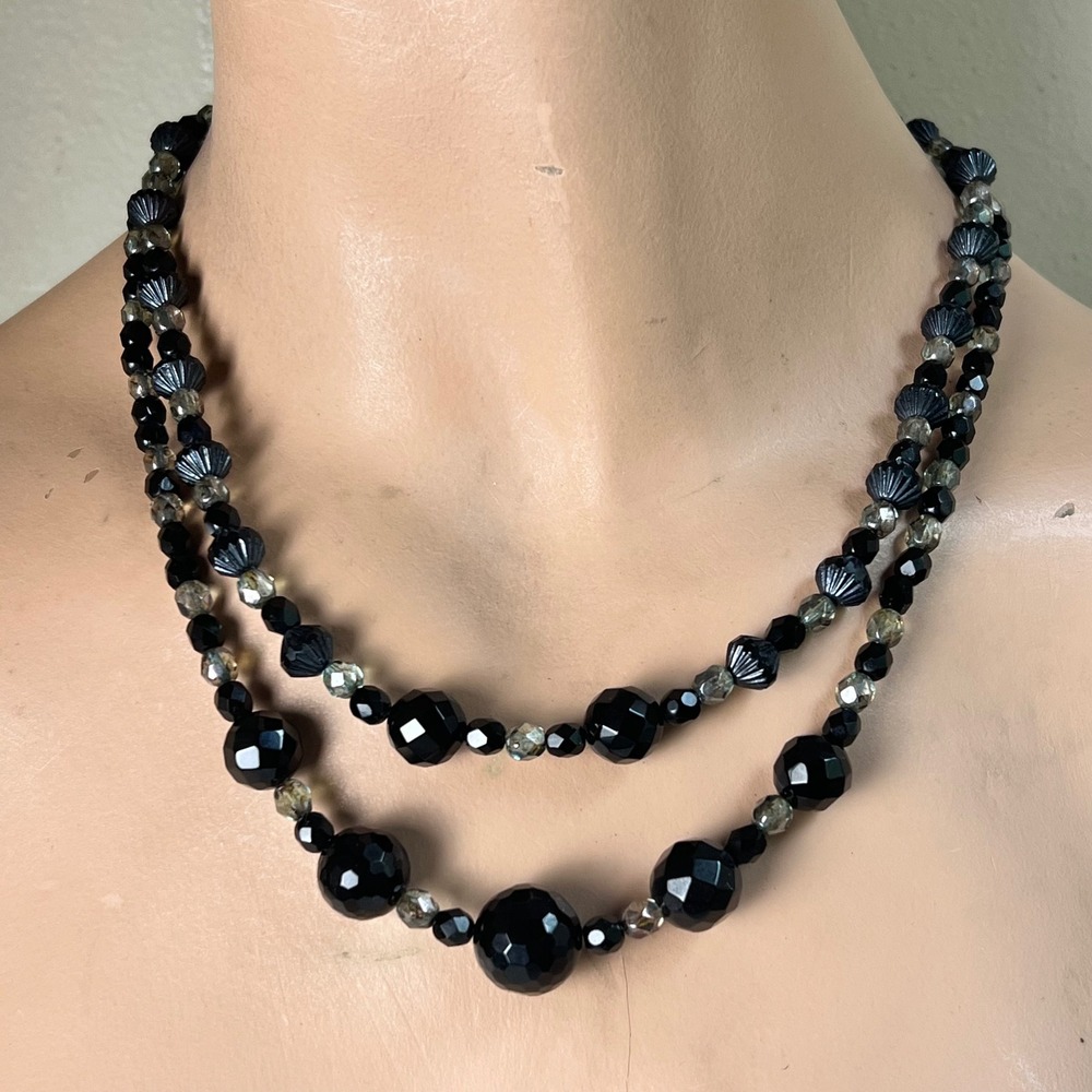 Vintage Double Strand Glass Necklace 20" Black EX